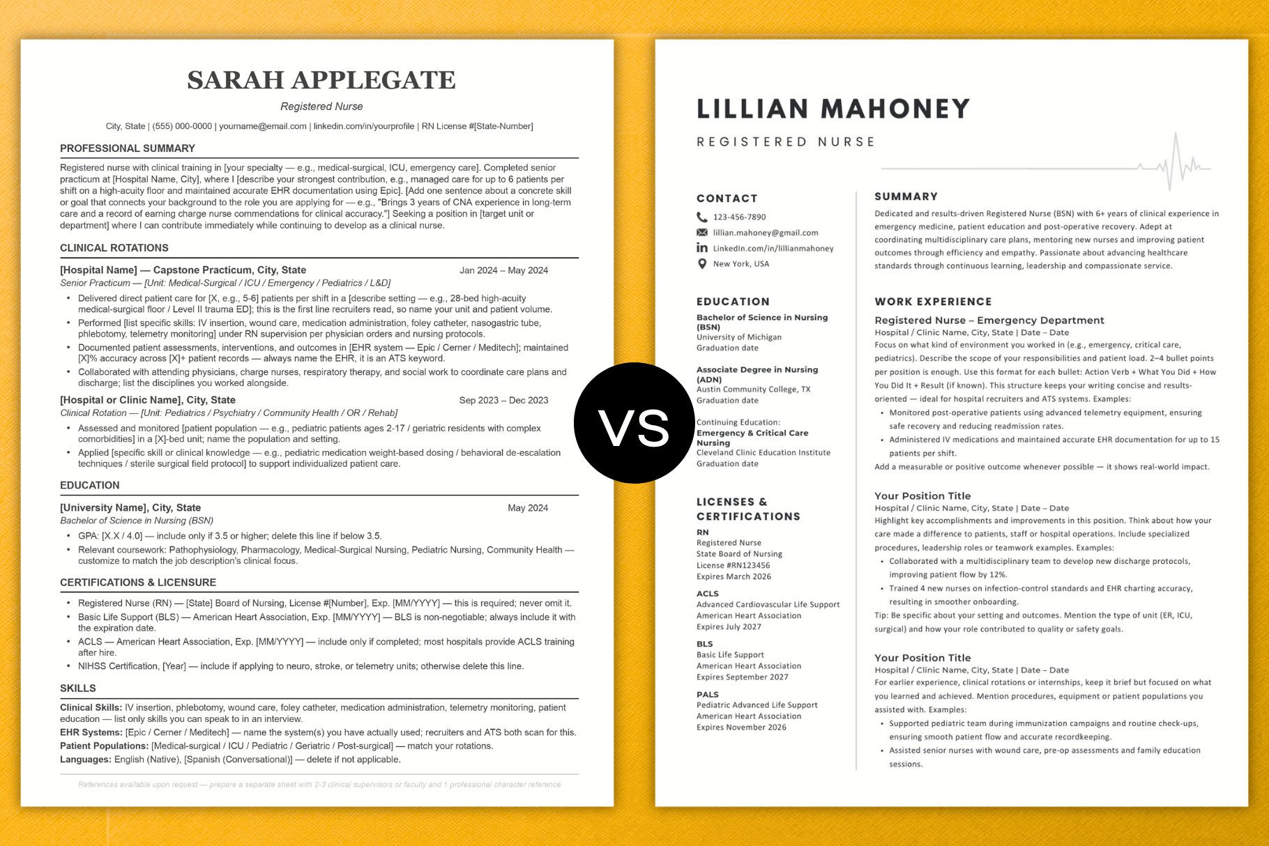 Single-column ATS-friendly nursing resume template compared side by side with a two-column visual nursing resume template./