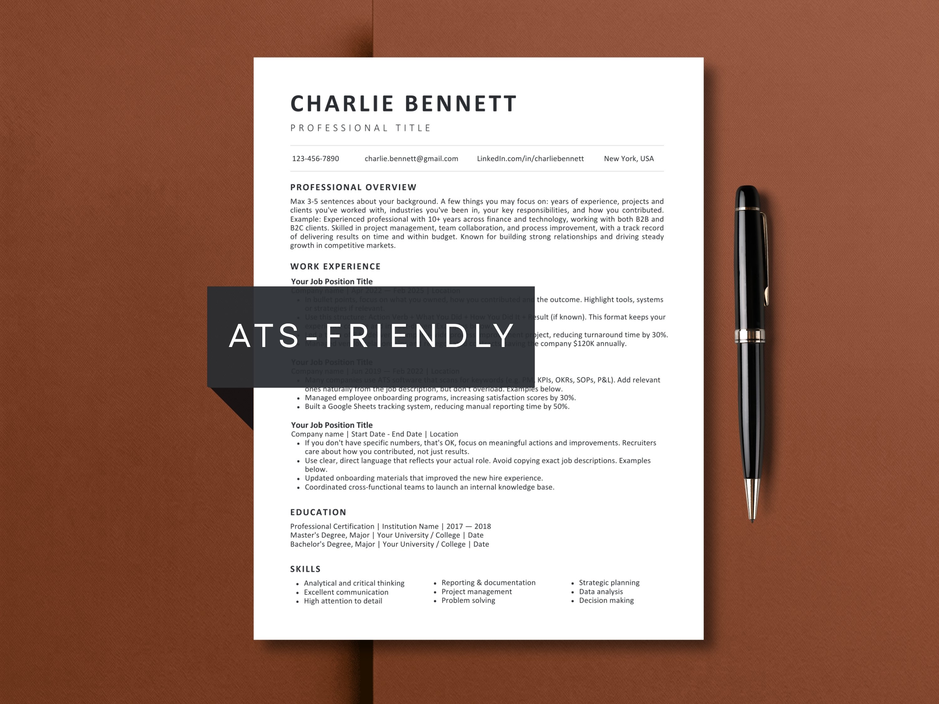 ATS-friendly executive resume template displayed on a warm brown background with a black pen. The clean single-column résumé design features a professional summary, work experience, education, and skills sections, with an “ATS-Friendly” overlay.