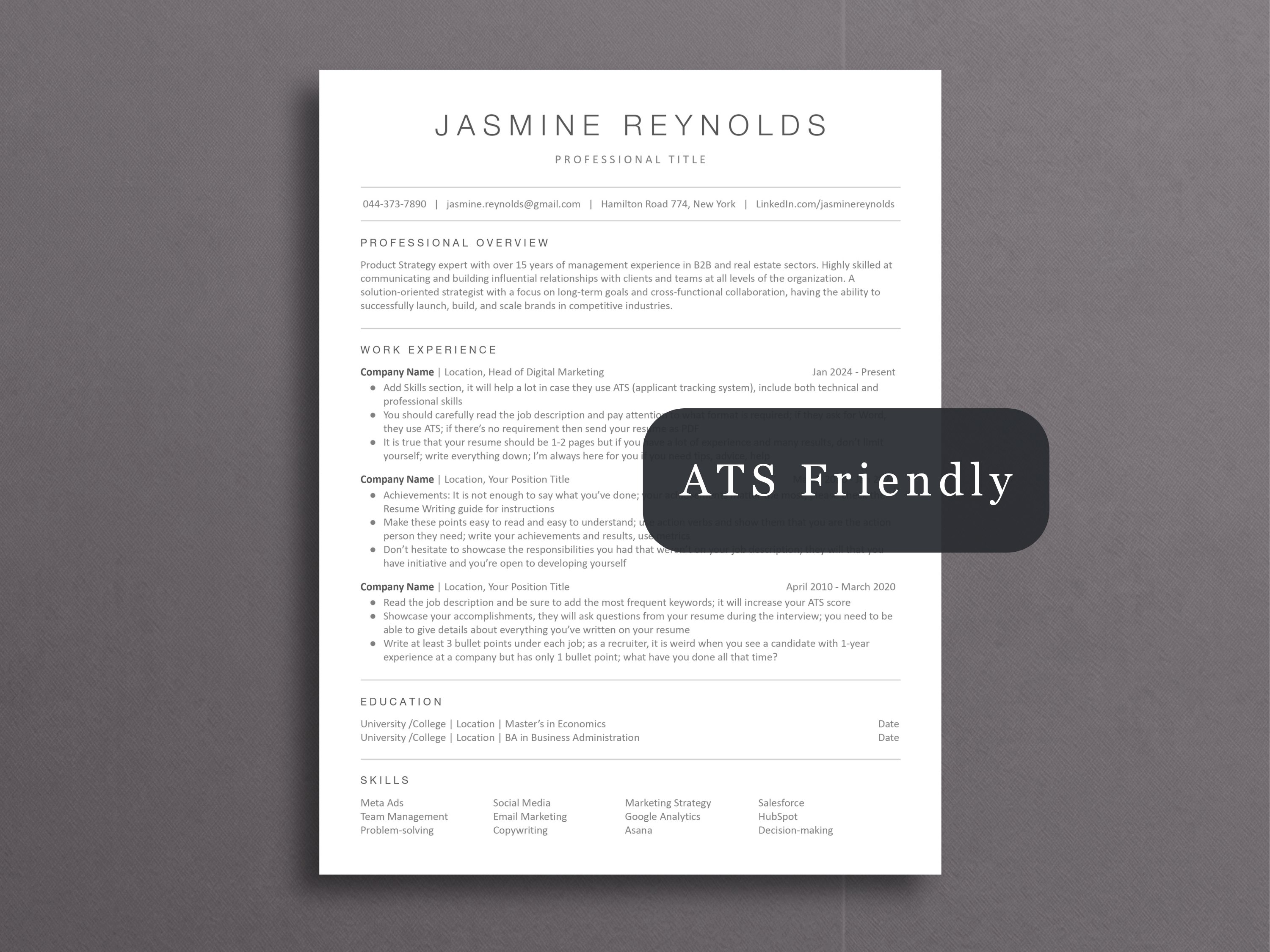 Classic ATS-friendly resume template displayed on a soft gray background. The traditional single-column résumé includes a centered name header, professional overview, work experience, education, and skills, with an “ATS Friendly” overlay.