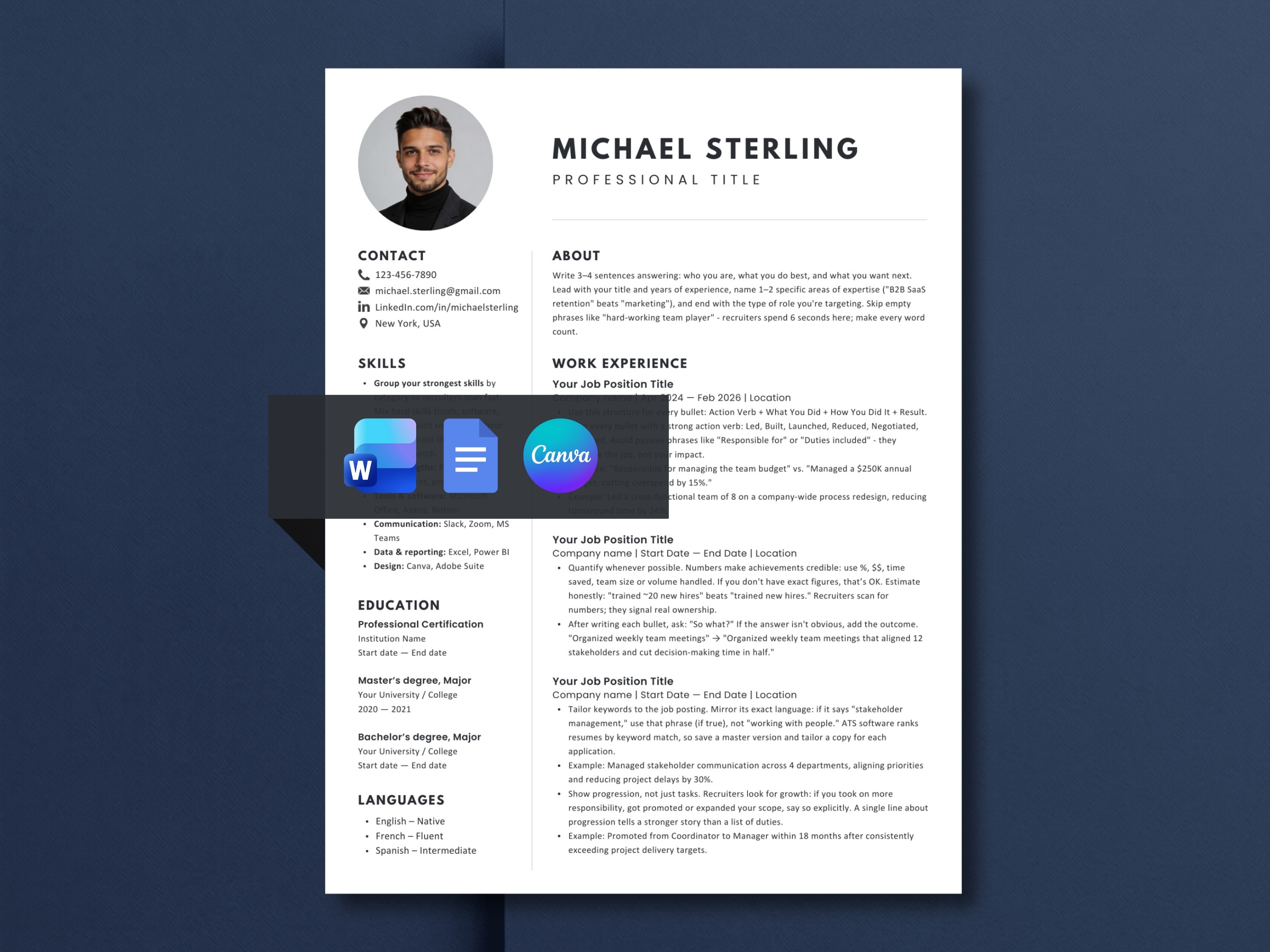 Modern two-column executive resume template designed by Diginewbie for professionals, shown in a clean white layout with a photo placeholder, skills sidebar, and structured work experience section. Available in Word, Google Docs, and Canva. Includes built-in writing guidance to help job seekers fill in each section with confidence.
