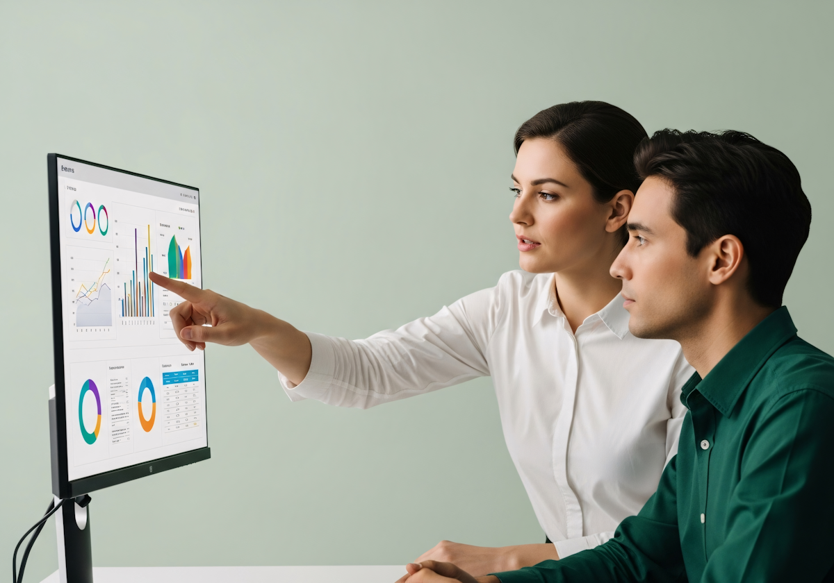 Two people collaborating on data analysis on a computer