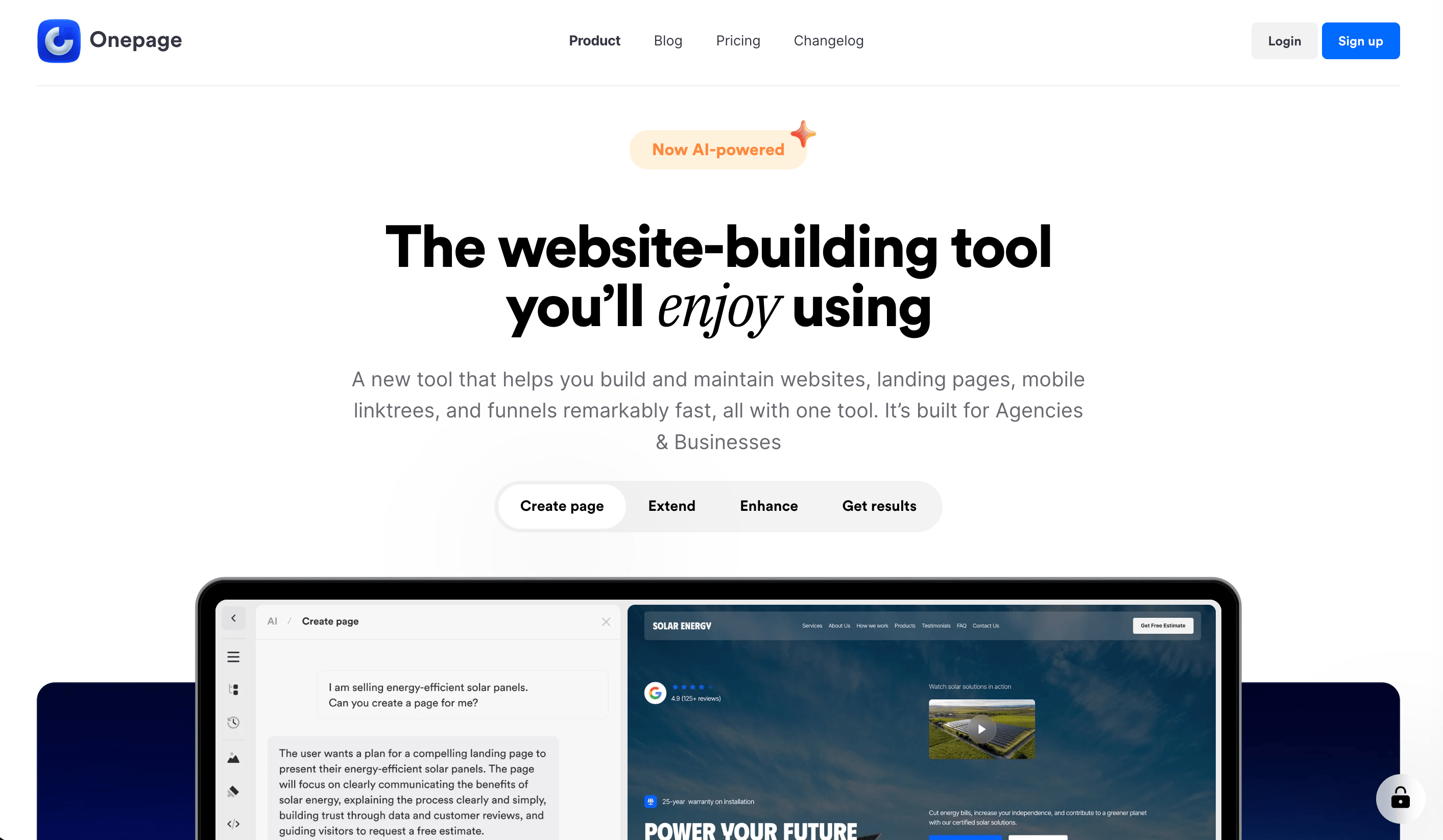 Image of website builder Onepage homepage