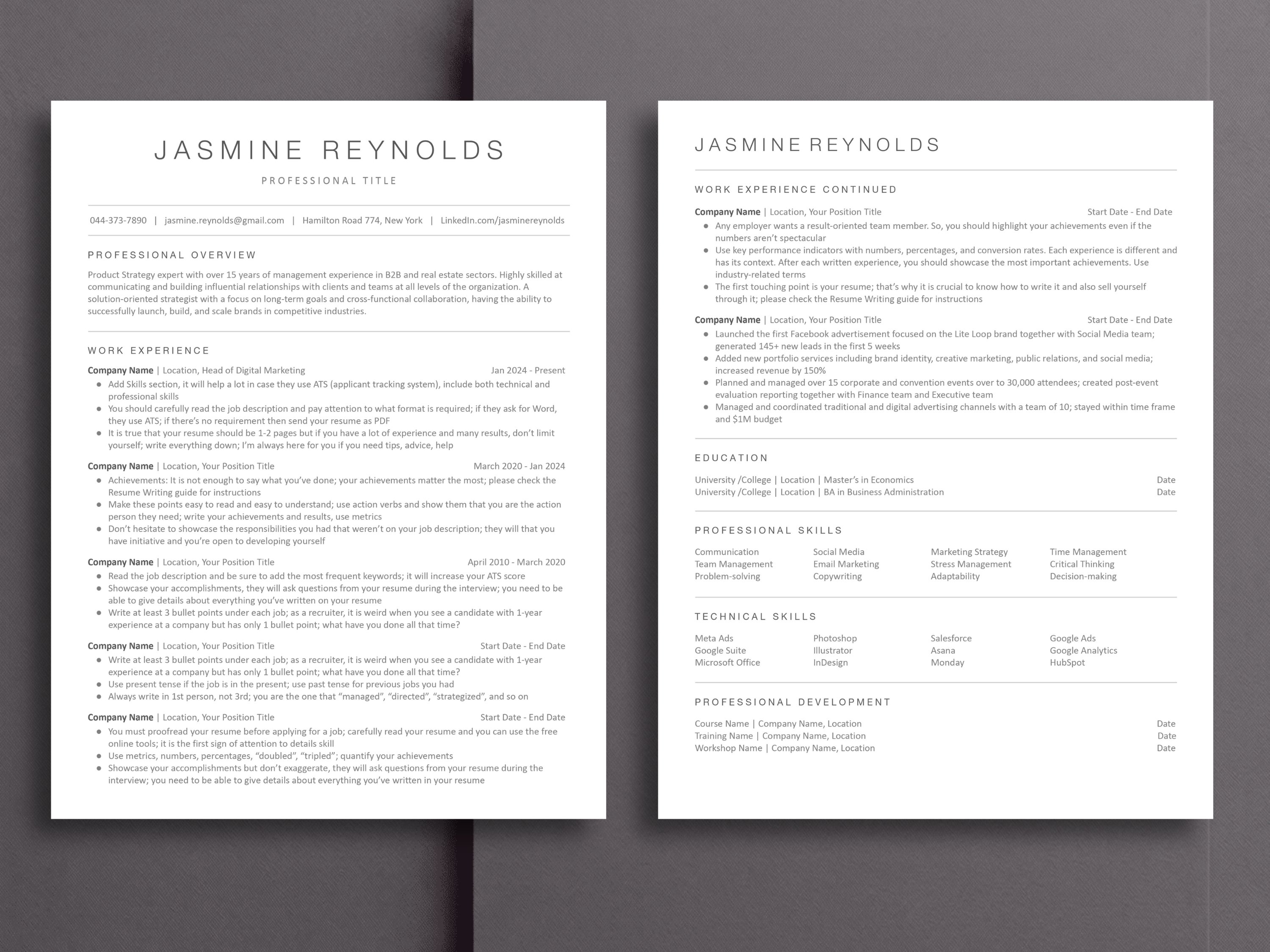 Two-page resume example showing work experience continued on page two with skills and professional development sections