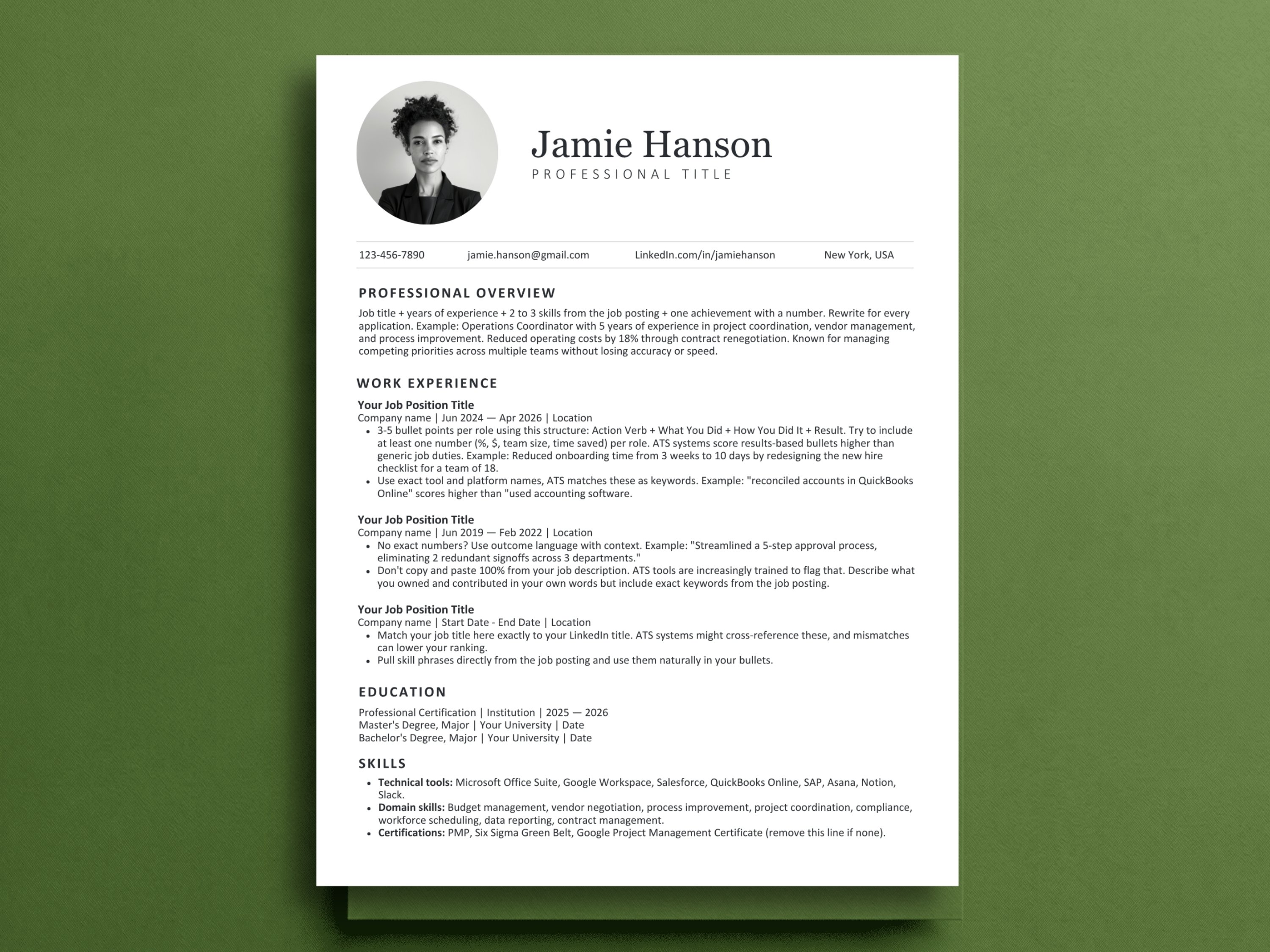 One-page resume template example with professional headshot and clean single-column layout