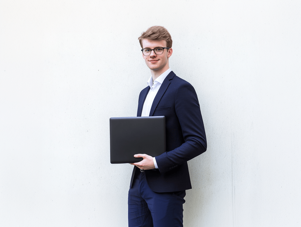 Job seeker in business attire holding a laptop while preparing his resume