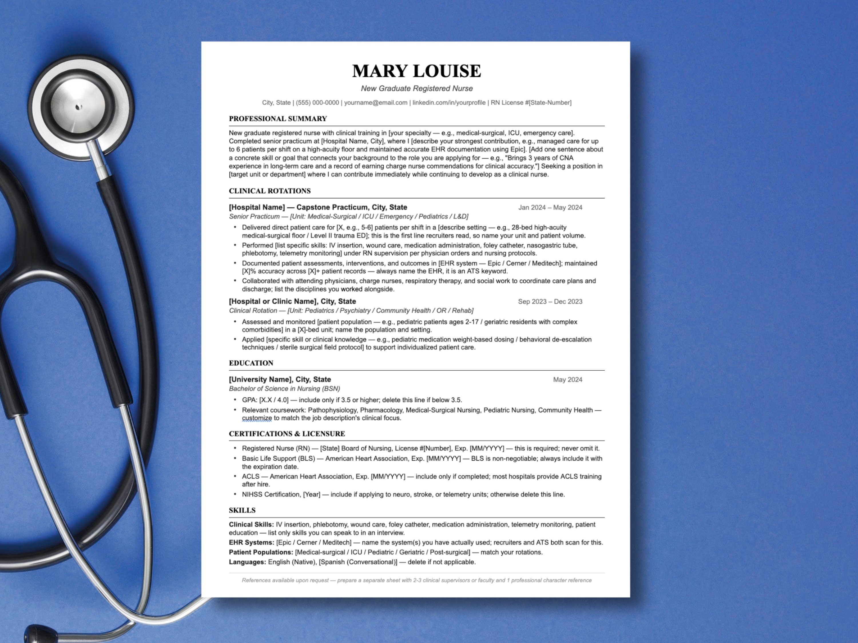 New graduate registered nurse resume template designed by DiginewbieCo for Microsoft Word and Google Docs. ATS-friendly single-column layout with blue accent headings, shown with a stethoscope on a blue background. Clean one-page RN resume design with built-in guidance for new grad nurses applying to hospital positions.