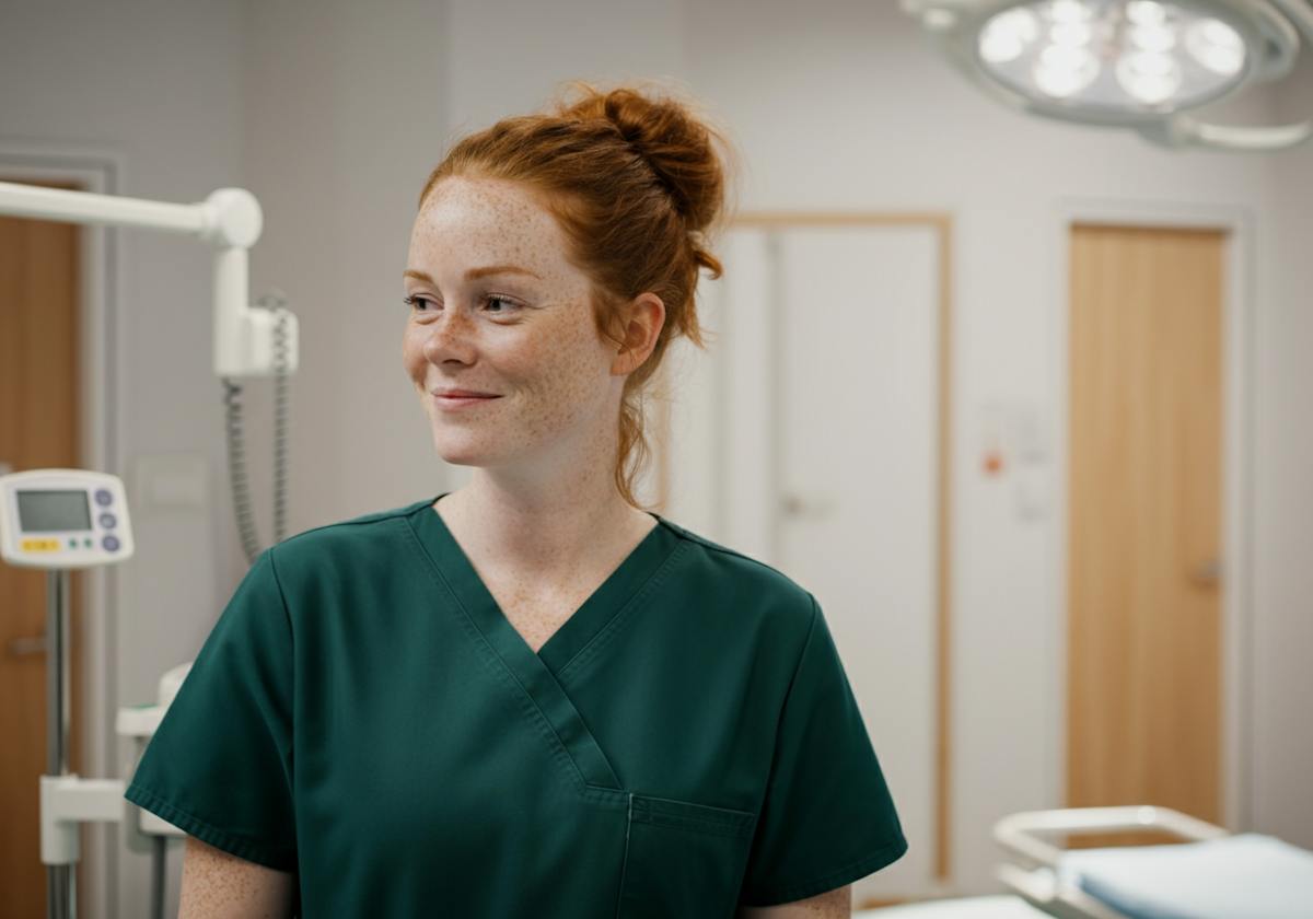 A smiling nurse with red hair in green scrubs stands in a hospital exam room, with medical equipment visible in the background.