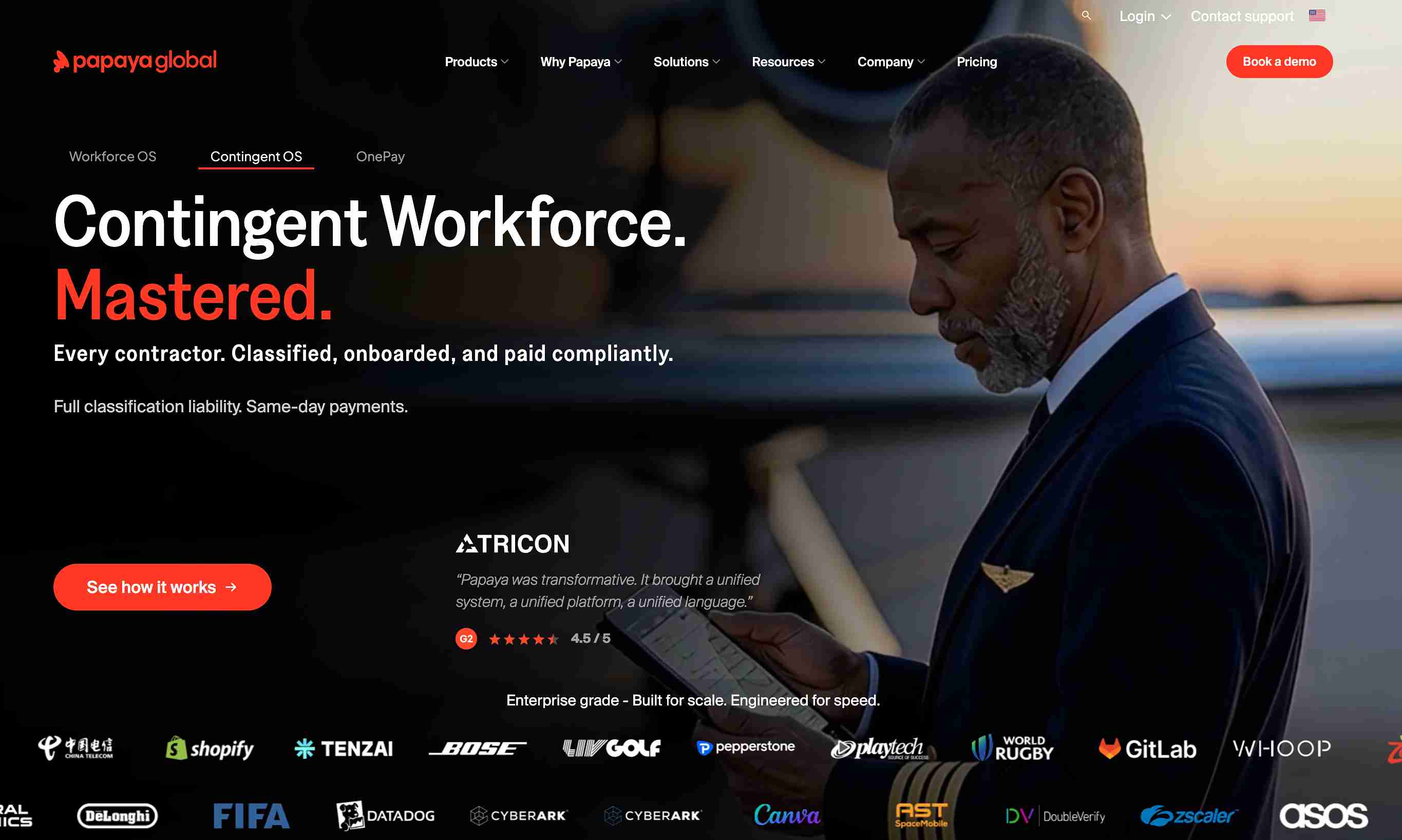 Papaya Global homepage hero section featuring the 'Contingent Workforce. Mastered.' headline, a client testimonial, and a row of trusted company logos including Shopify, Bose, GitLab, and FIFA.