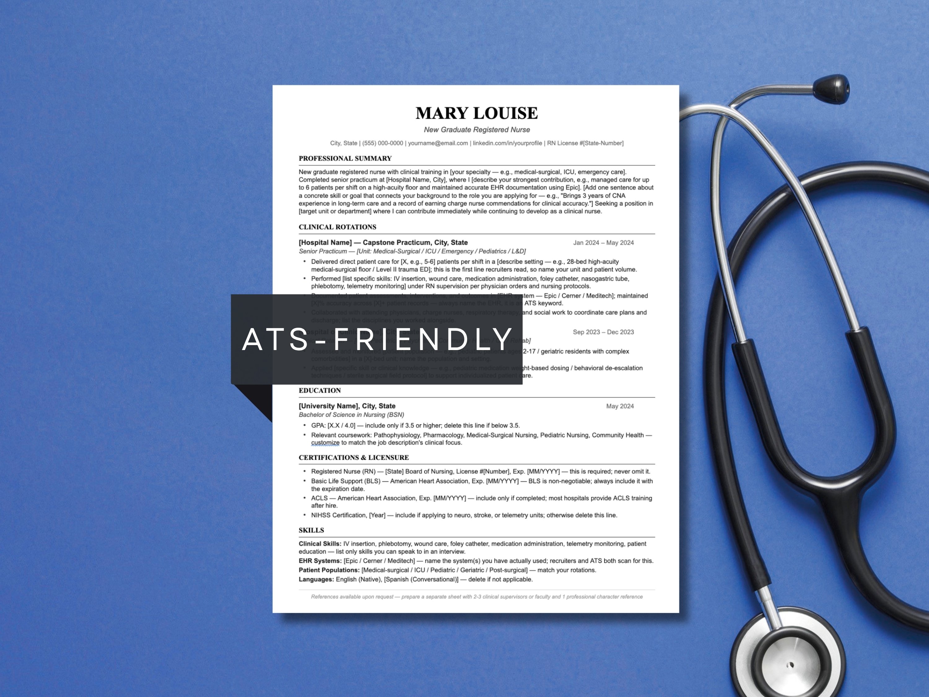 New grad nurse resume template Diginewbie for Word and Google Docs. ATS-friendly single-column layout with blue accent headings, shown with a stethoscope on a blue background. Clean one-page RN resume design with built-in guidance for new grad nurses applying to hospital positions.