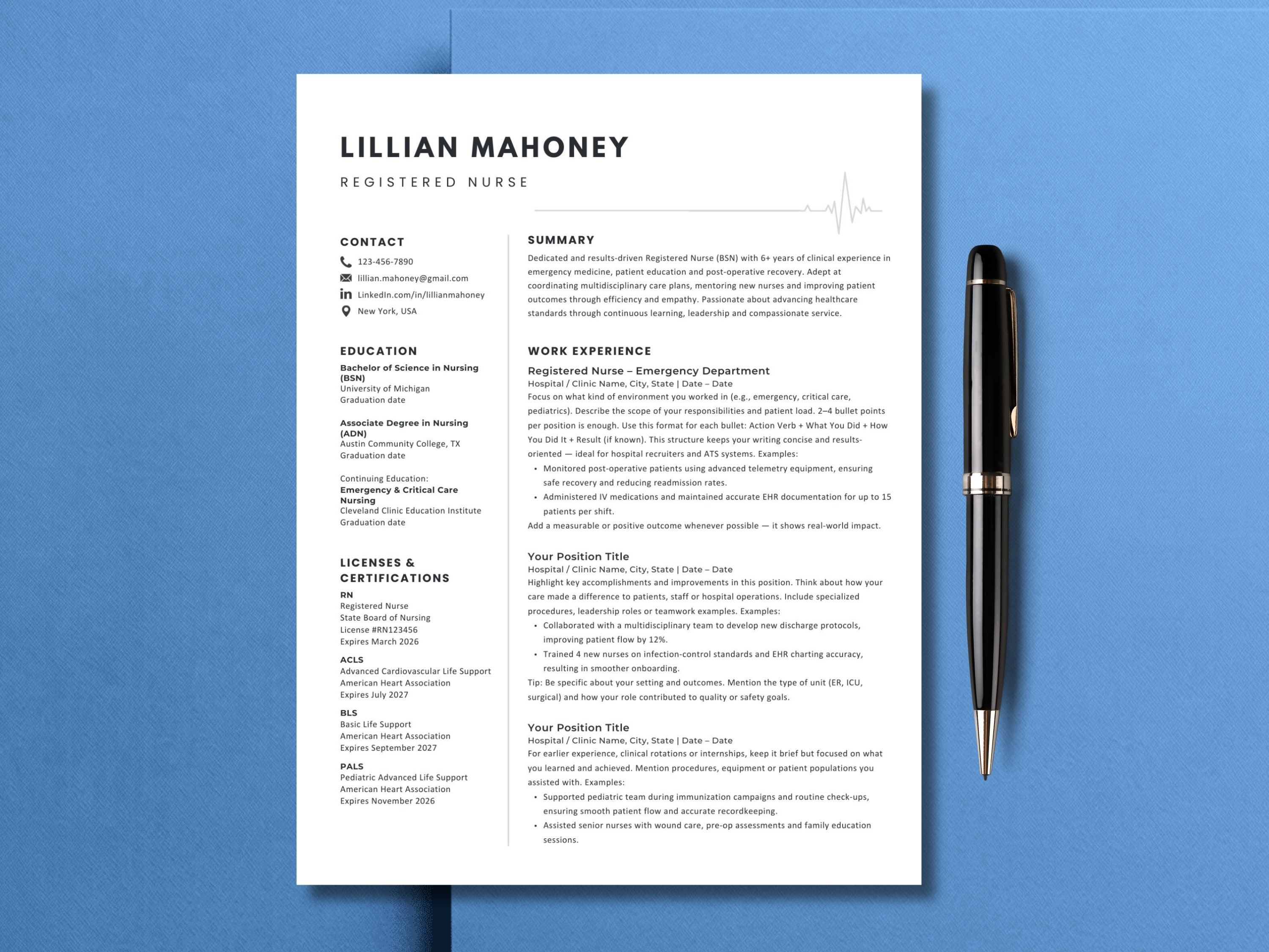Nurse resume template for Canva showing a registered nurse's resume with contact, education, licenses and certifications, summary, and work experience sections, displayed on a blue background beside a pen.