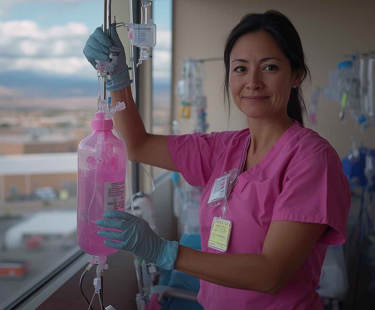 Nurse in pink scrubs adjusting a pink IV bag by a hospital window, smiling confidently.