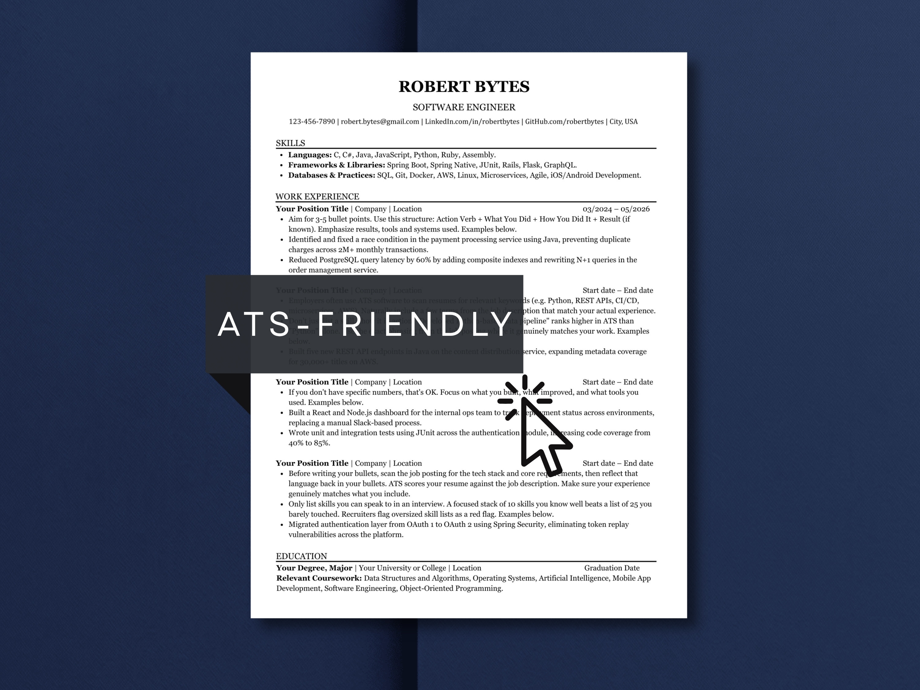 ATS-friendly software engineer resume template by DiginewbieCo, single-column layout with a skills section for languages, frameworks and databases, work experience bullets with action verb examples, and education with relevant coursework, shown on a navy background. Editable in Word, Google Docs and Canva.
