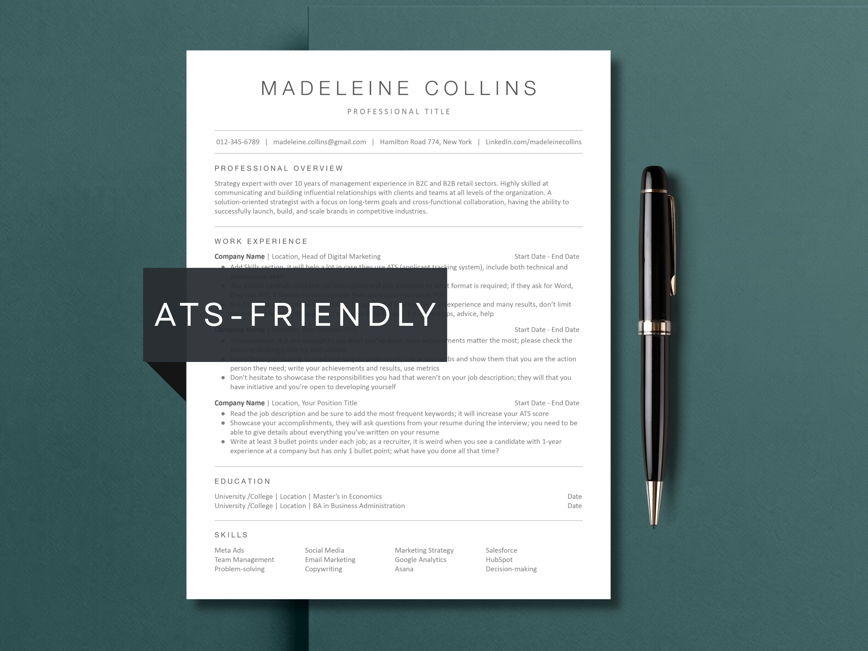 ATS-friendly Microsoft Word resume template by DiginewbieCo, minimalist single-column layout with professional overview, work experience, education and skills sections, shown on a teal background with a pen. Also editable in Google Docs and Apple Pages.