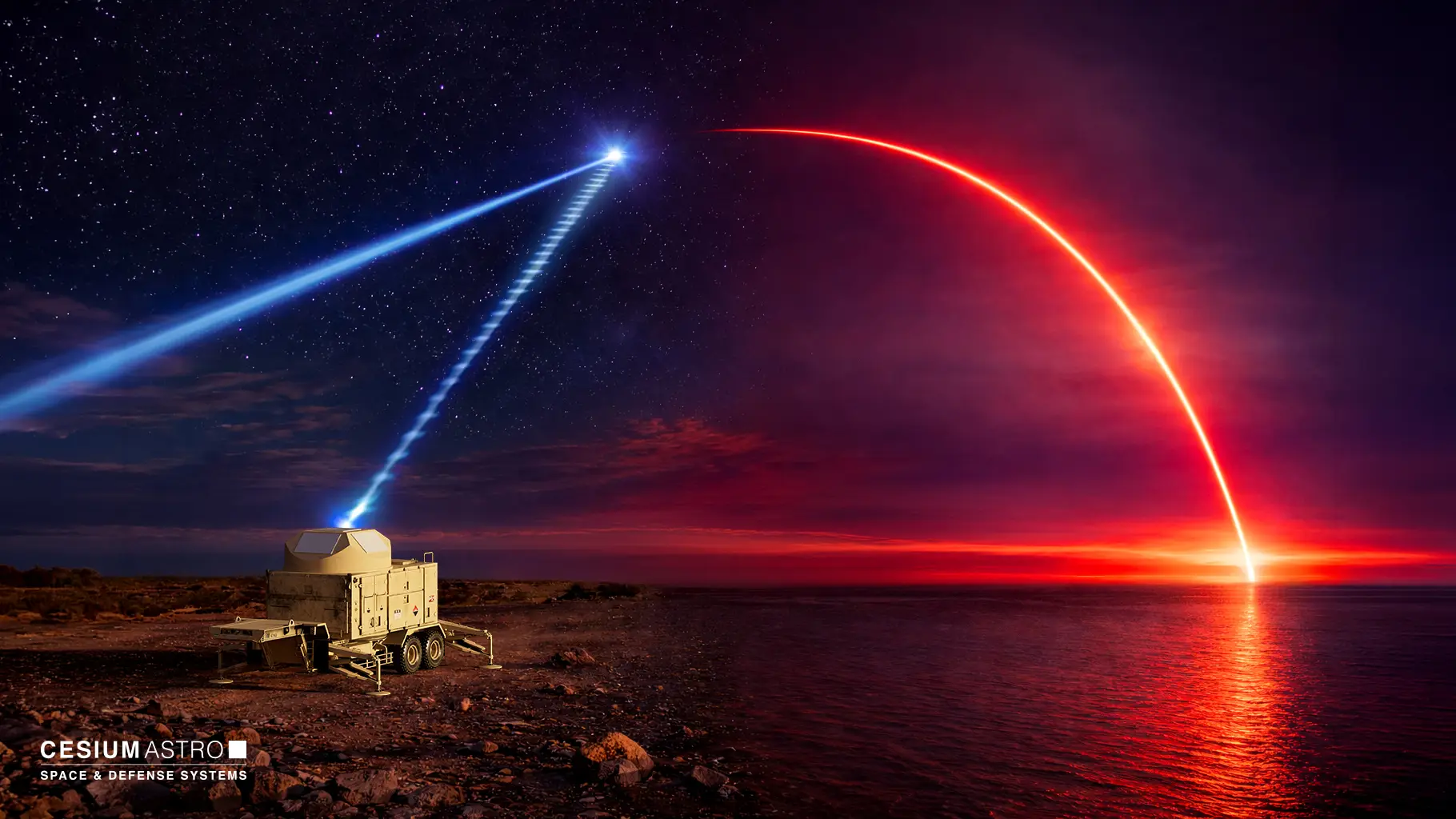 CesiumAstro’s mobile Skylark phased array communications terminal on a coastal shoreline at dusk, transmitting a steerable RF beam toward a missile and along a long-range trajectory over the horizon