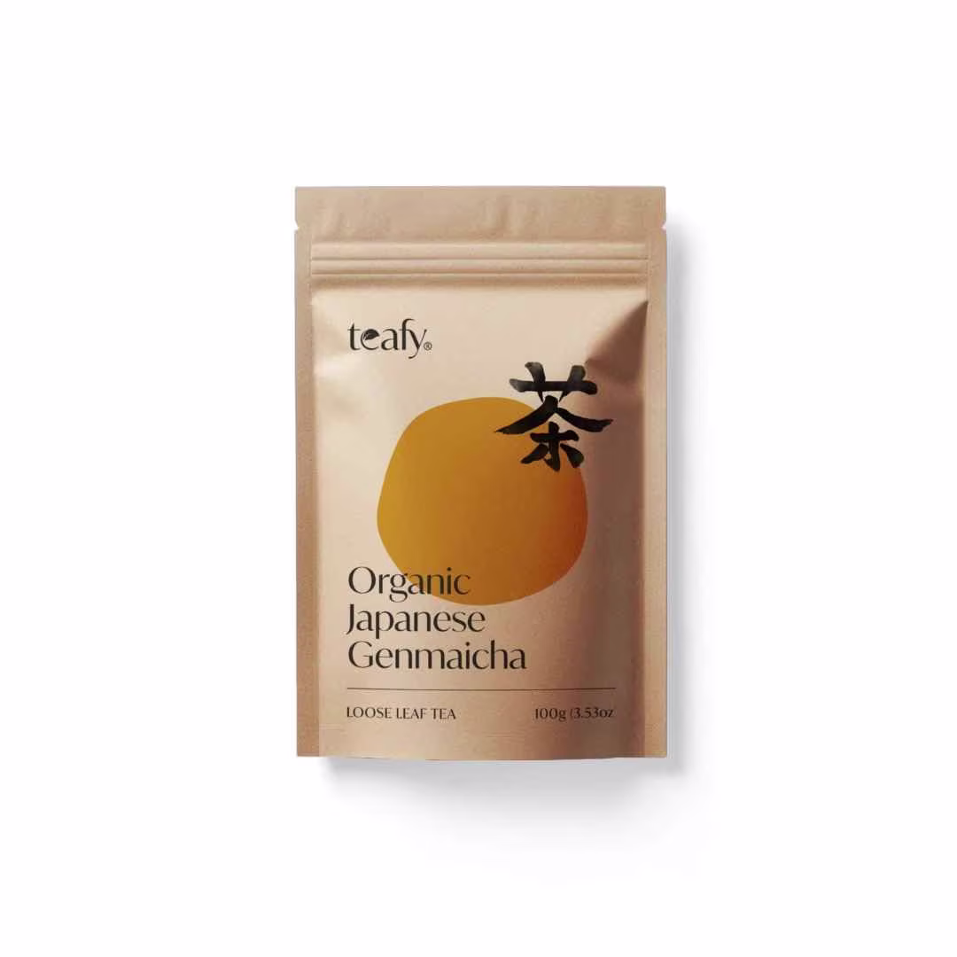 Teafy Organic Japanese Genmaicha 100g loose leaf pouch made from Shizuoka sencha and Kagoshima brown rice
