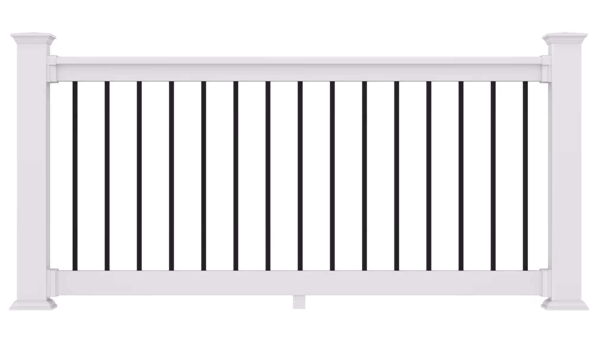 White fence railing with black vertical balusters and decorative square posts.