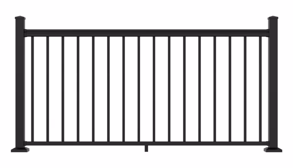 Black metal fence panel with vertical bars and square posts at each end.