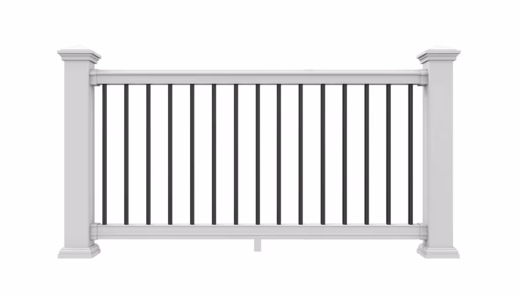 White railing section with vertical black balusters and solid white posts on each end.