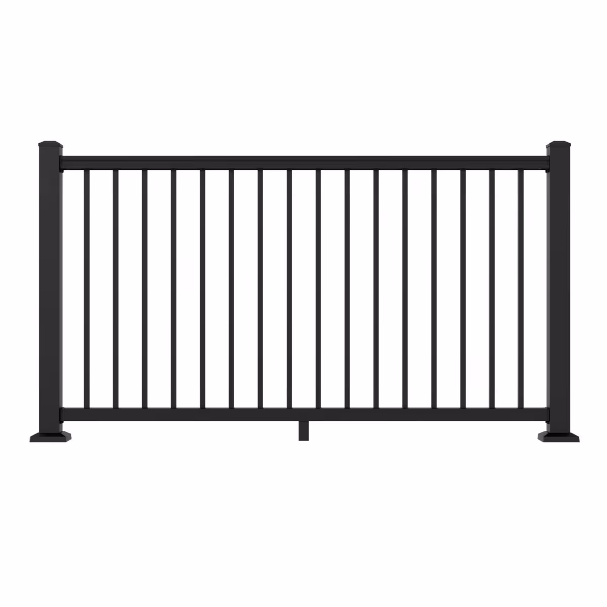 Black metal fence panel with vertical bars and square posts on each end.