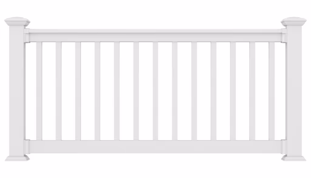 White wooden fence panel with vertical slats and sturdy square posts on each end.