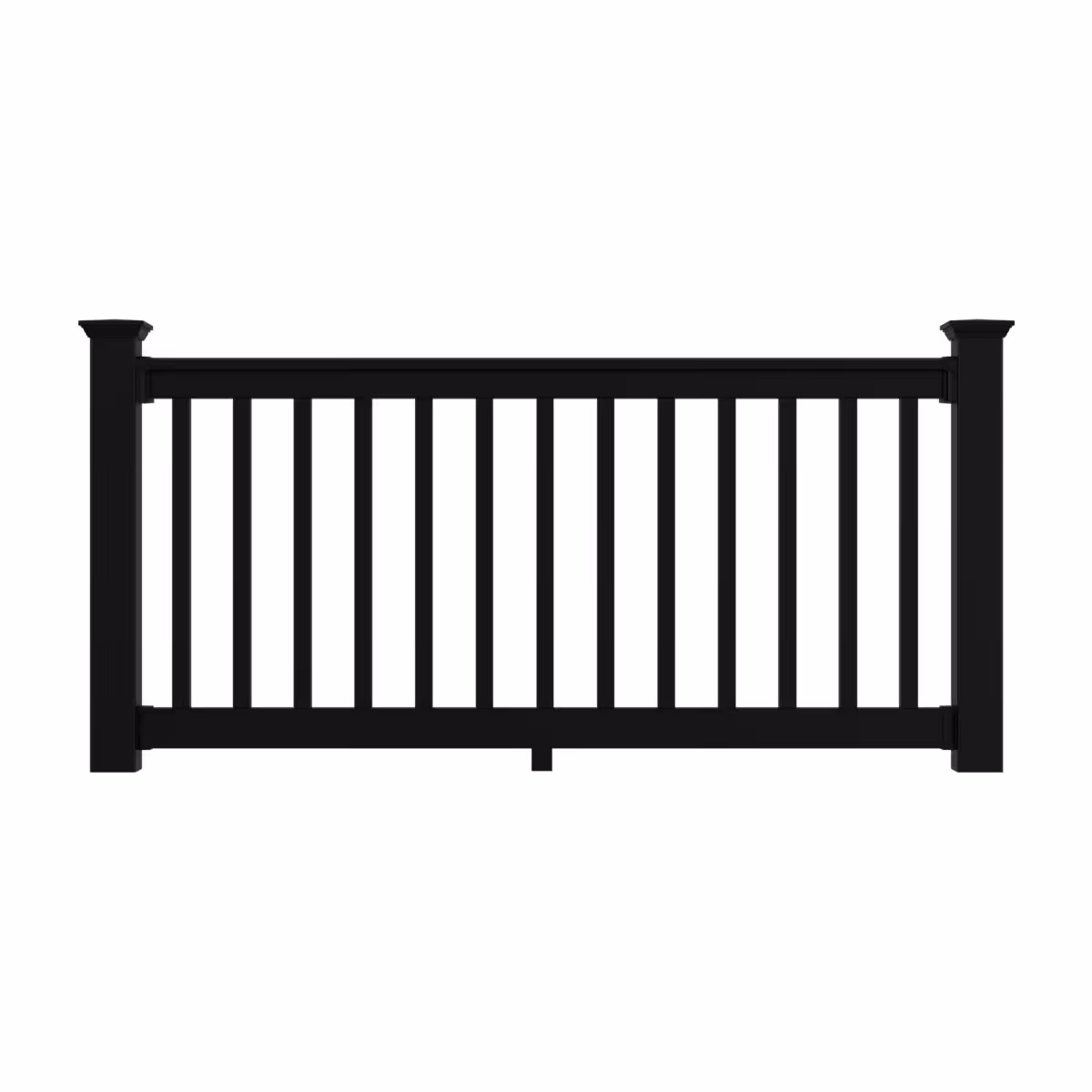 Black metal railing section with vertical bars and decorative posts on each end.