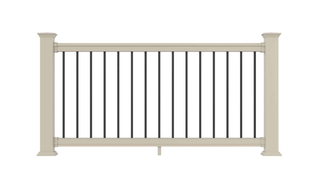 Beige railing section with vertical black metal balusters between two beige posts.