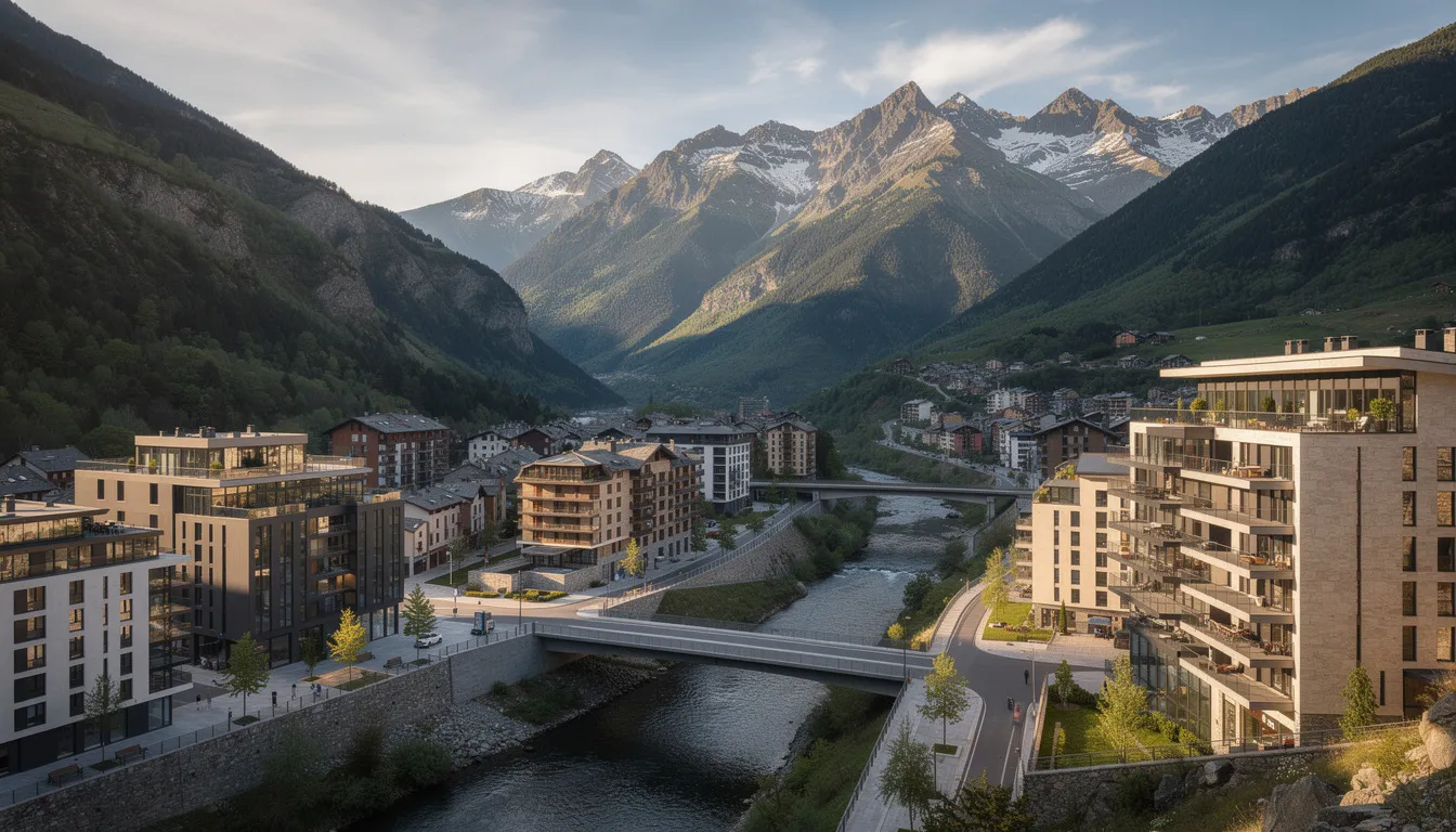 Vista panorámica de los Pirineos andorranos, donde se pueden observar edificios modernos y residenciales situados en el valle, reflejando el crecimiento sostenible del país y la inversión en vivienda. Esta imagen ilustra el atractivo de Andorra como un destino para residentes y extranjeros que buscan obtener la residencia en un entorno natural impresionante.