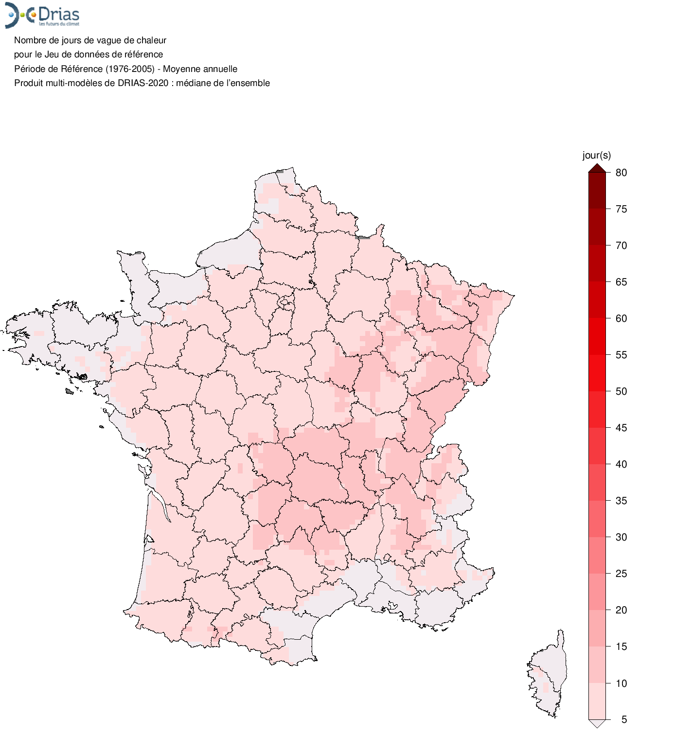 Jours de vagues de chaleur en France entre 1976 et 2005