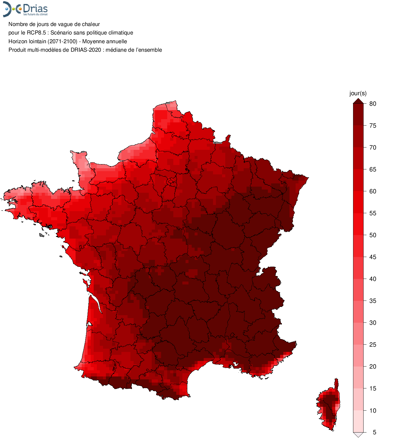 Nombre de jours de vague de chaleur en France entre 2071 et 2100 dans le scénario où les émissions de gaz à effet de serre ne baissent pas