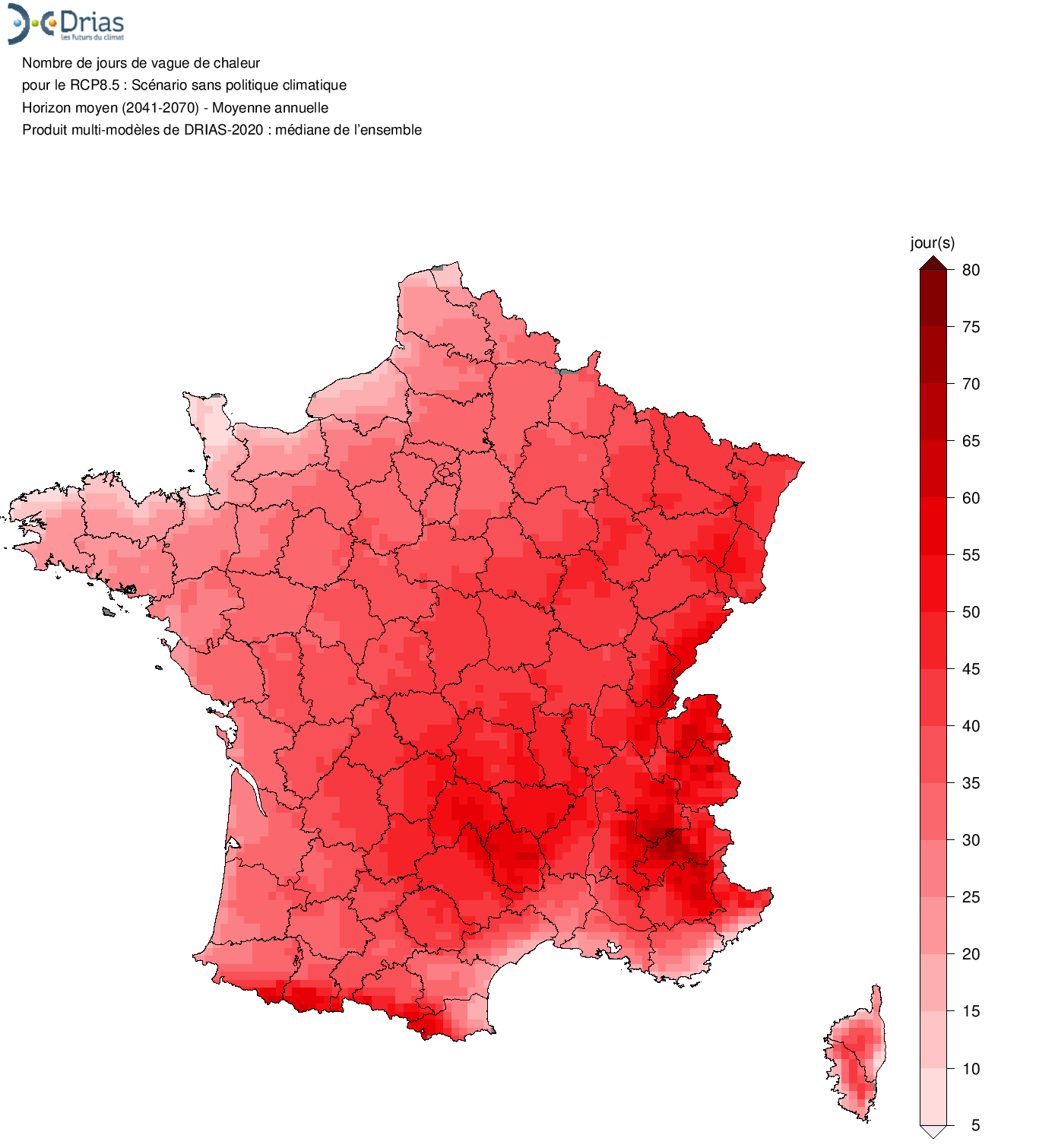 Nombre de jours de vague de chaleur en France entre 2041 et 2070 dans le scénario où les émissions ne baissent pas