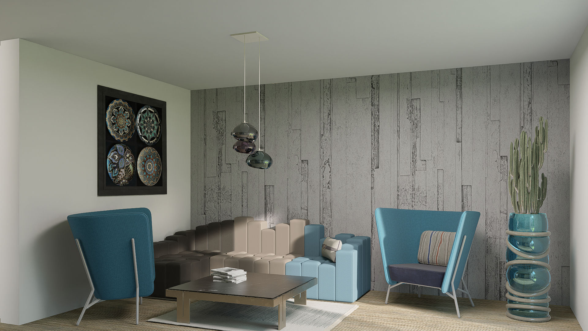 Projektowanie wnętrz Lublin – salon z szarą sofą i galerią ścienną w aranżacji mieszkania
