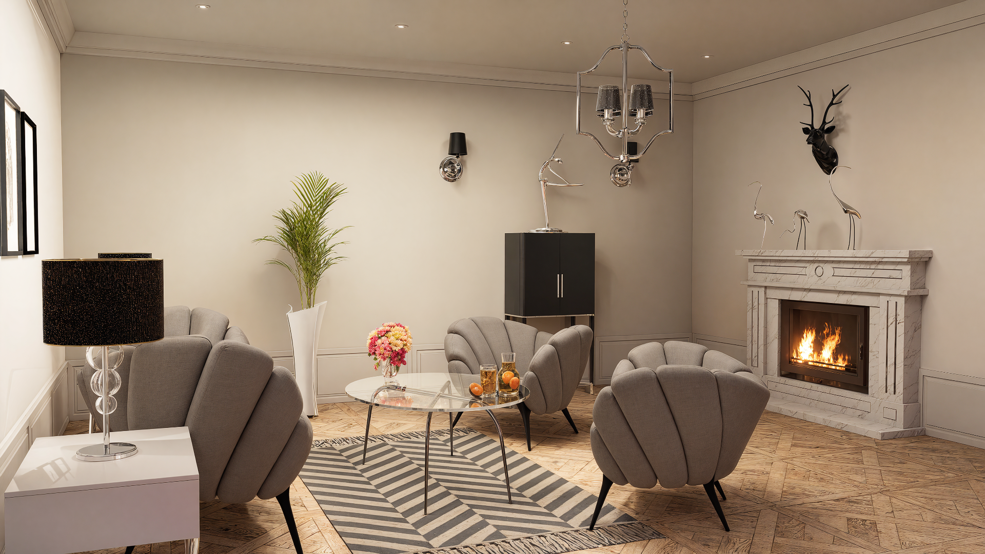 Nowojorski salon z kominkiem – projekt wnętrz Lublin