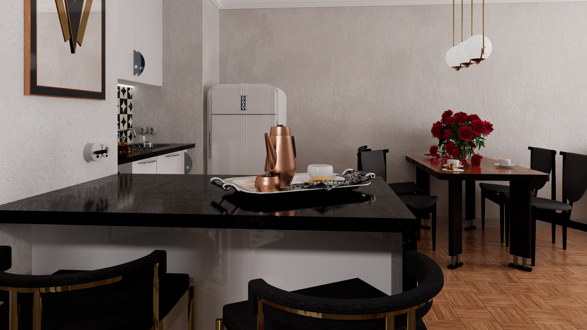 Salon z  lustrem i drewnianą komodą – elegancja art deco