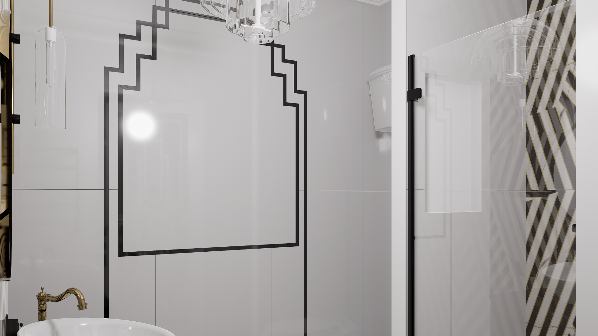 Łazienka z kabiną prysznicową i białą ścianą z art deco detalami