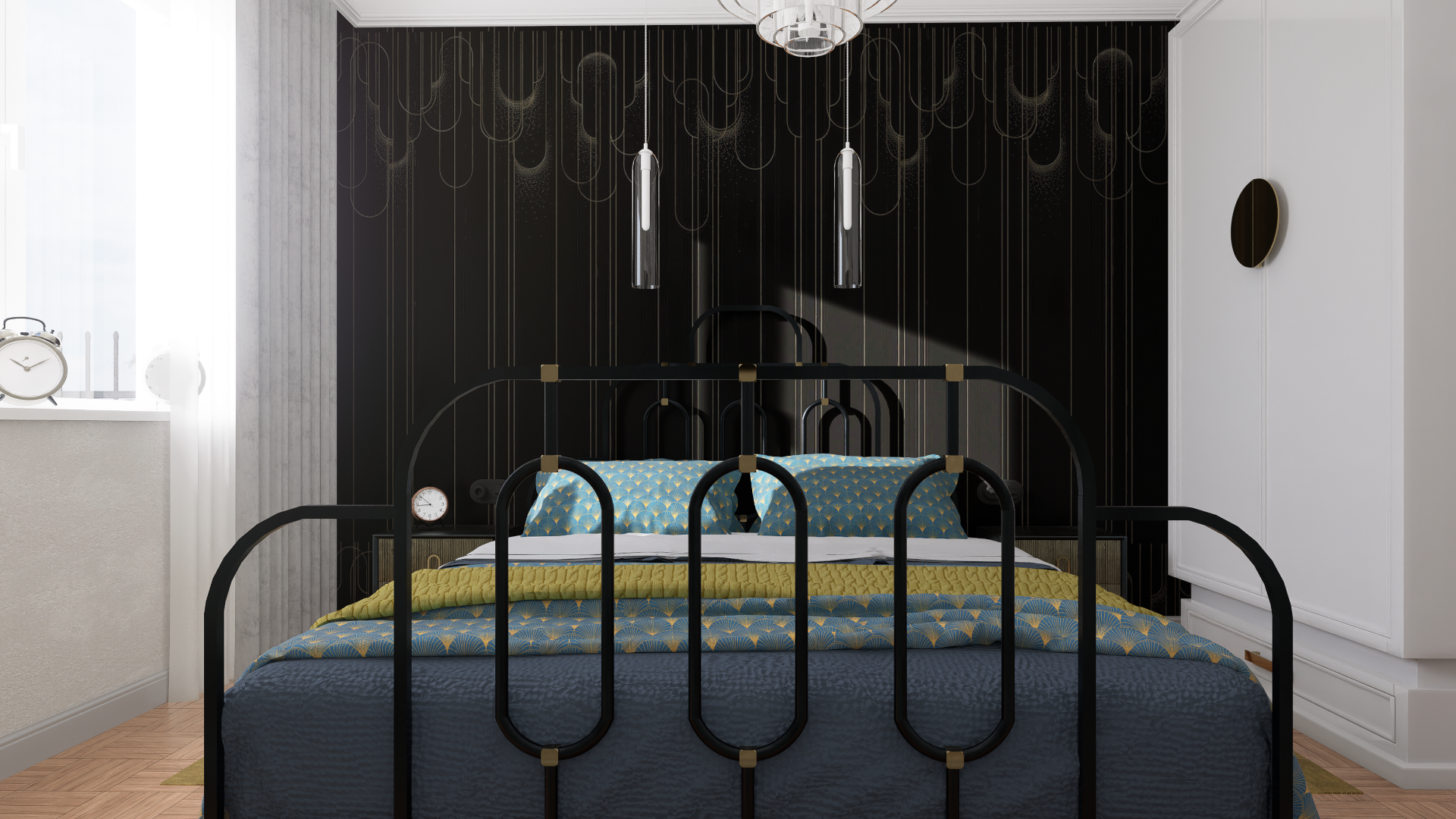 Sypialnia z tapetą w stylu art deco  w Lublinie
