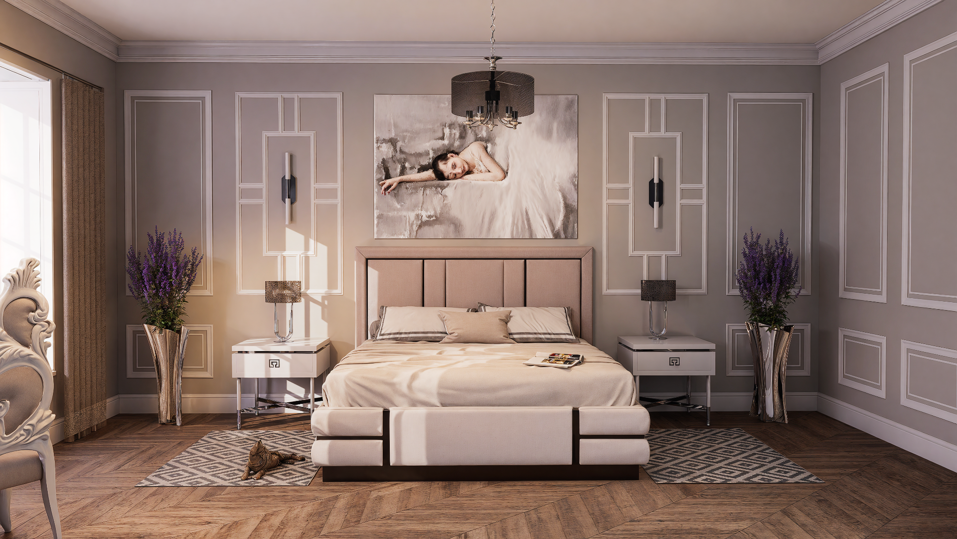  Elegancka sypialnia w stylu nowojorskim z jasnymi meblami i tapicerowanym łóżkiem – Lublin
