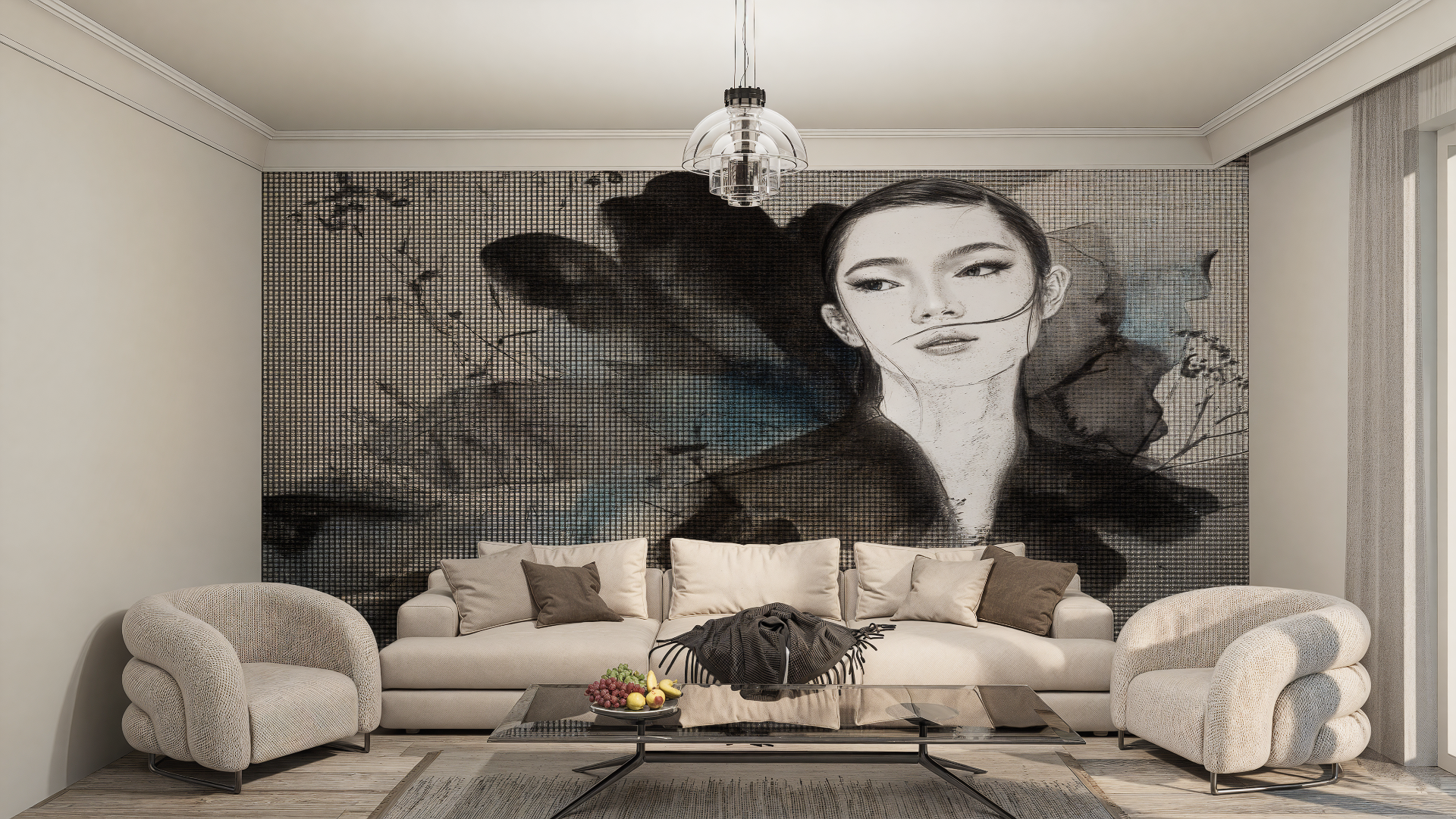 Aranżacja wnętrz Lublin – salon z artystyczną tapetą i sofą w stylu modern classic