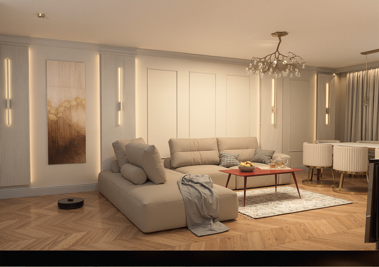 Salon z jadalnią w stylu modern classic – projektant wnętrz Lublin - Urszula Tomaszewska, nowoczesna klasyka w eleganckim projekcie