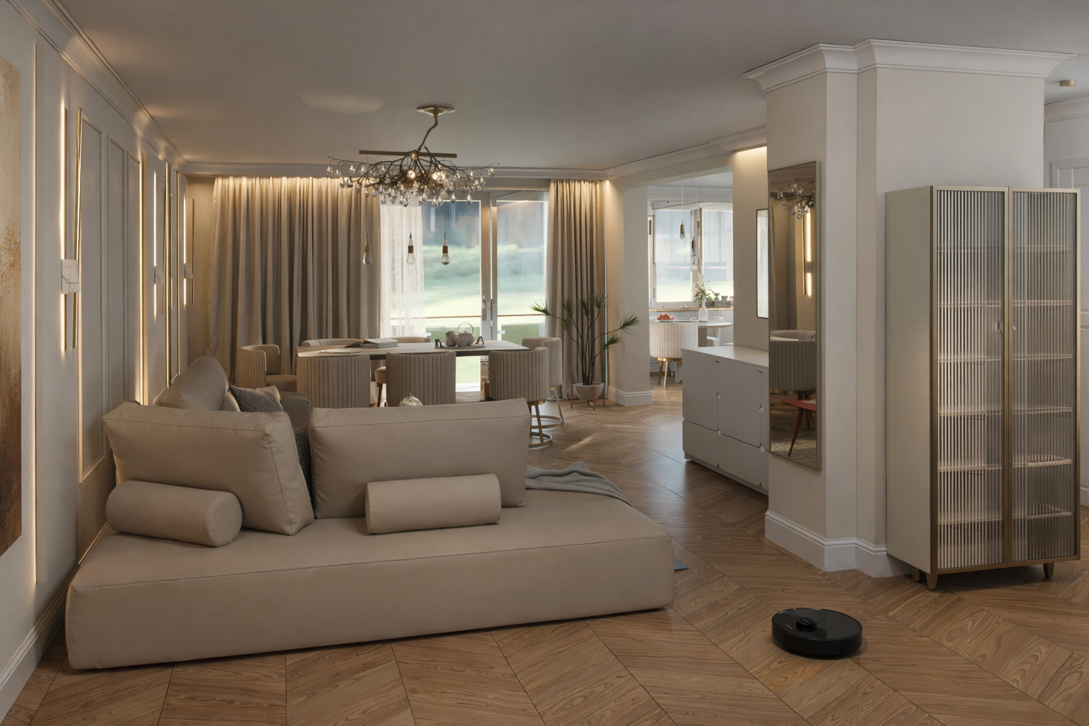 Widok z przedpokoju na salon w stylu modern classic – projektant wnętrz Lublin, Urszula Tomaszewska, elegancka aranżacja przestrzeni