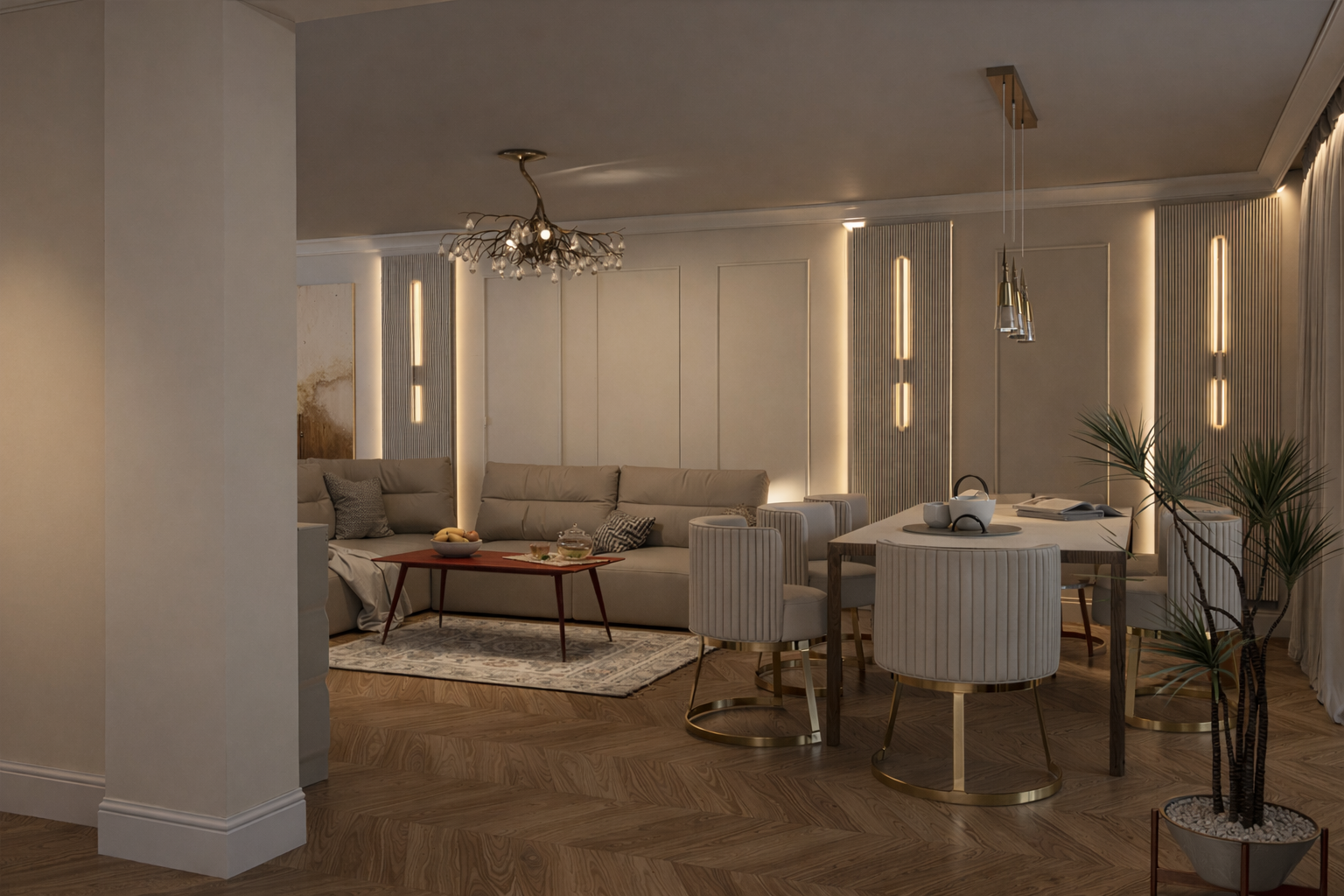 Salon z jadalnią w stylu modern classic – elegancki projekt wnętrza w Lublinie w nowoczesnej klasyce