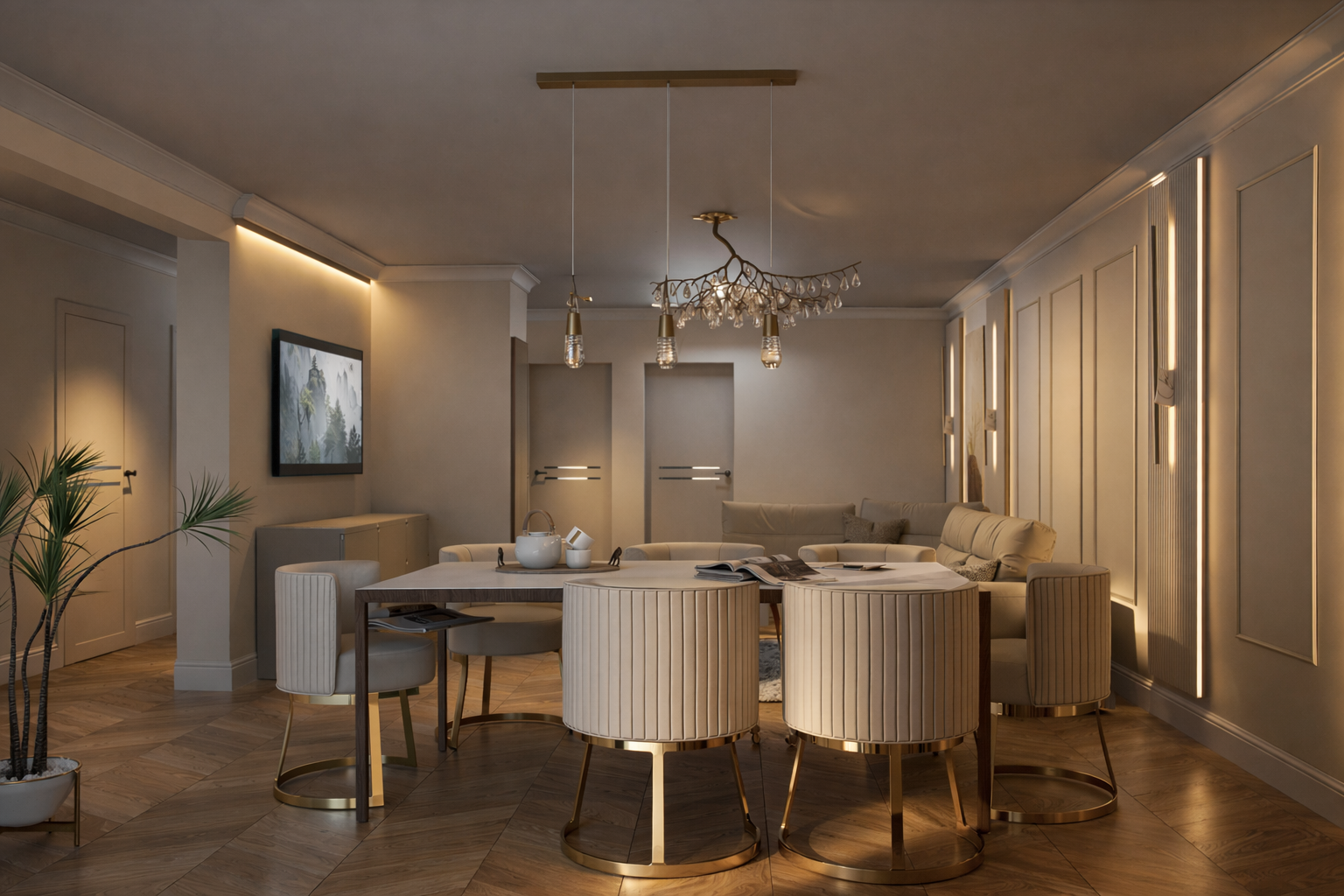 Salon i jadalnia w stylu modern classic – spójna aranżacja wnętrza w Lublinie z eleganckim oświetleniem