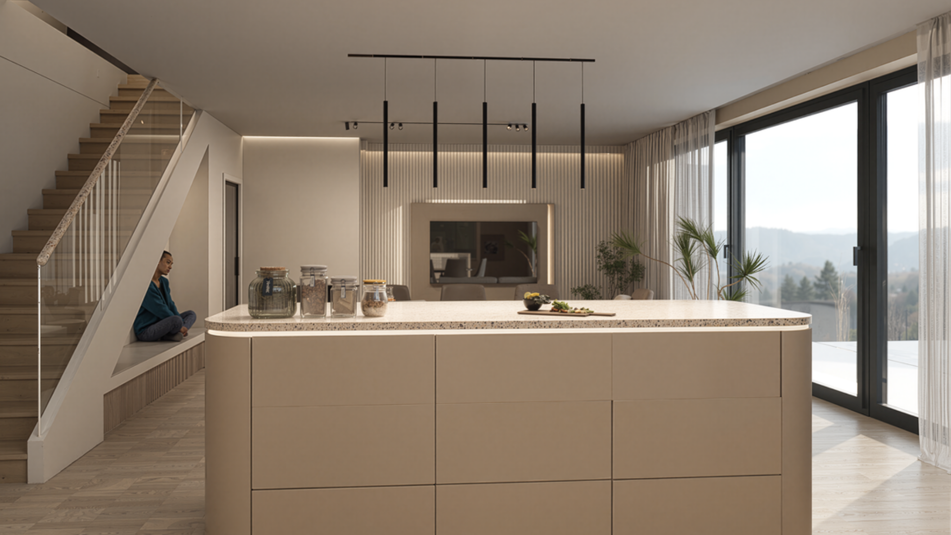 Widok na kuchnię z salonu – elegancka zabudowa i spójna aranżacja