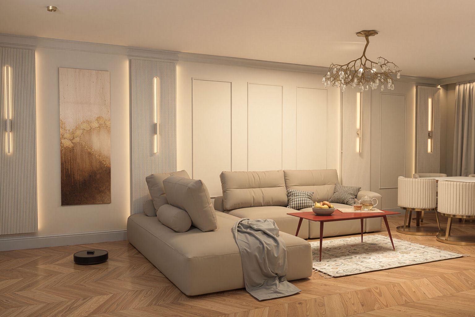 Salon z jadalnią w stylu modern classic – projektant wnętrz Lublin - Urszula Tomaszewska, nowoczesna klasyka w eleganckim projekcie