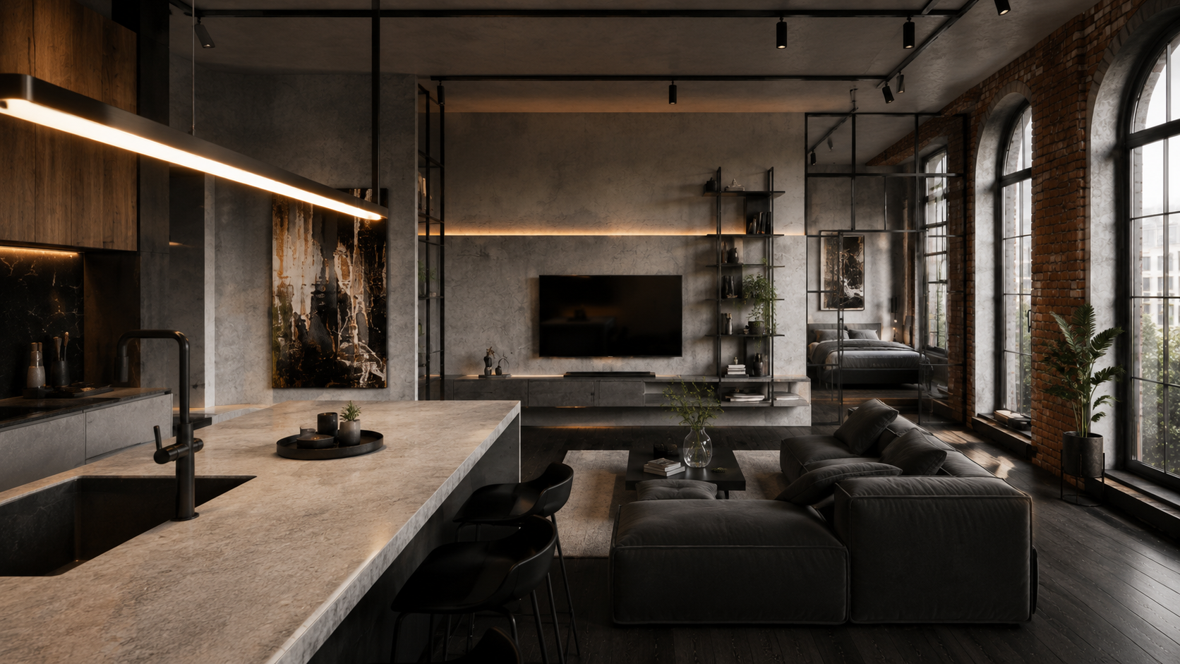 Nowoczesny salon z kuchnią w stylu loftowym – projekt wnętrza Lublin