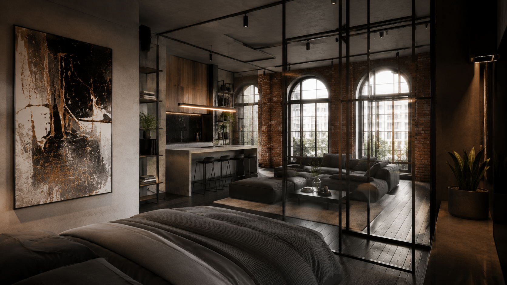Salon z ceglaną ścianą i drewnianą podłogą – industrialny klimat