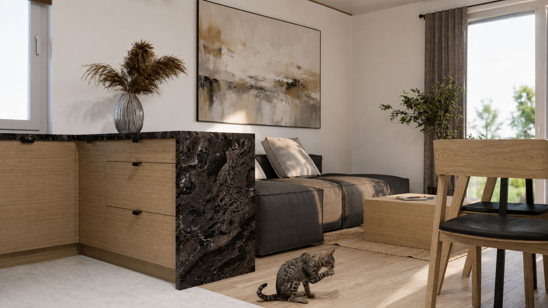 Projektowanie wnętrz Lublin – nowoczesny salon z kuchnią, drewnianą zabudową, półwyspem z czarnego kamienia i jadalnią