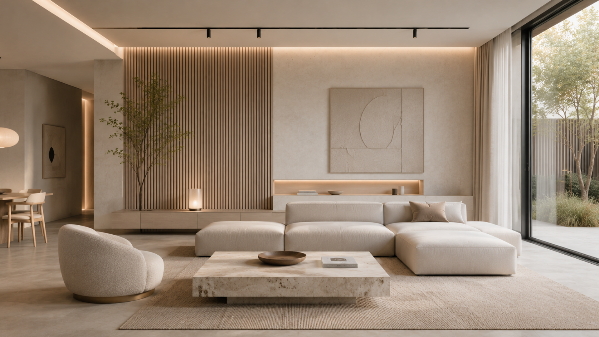 Minimalistyczne wnętrze salonu z ryflowaną ścianą, niską modułową sofą i subtelnym oświetleniem LED