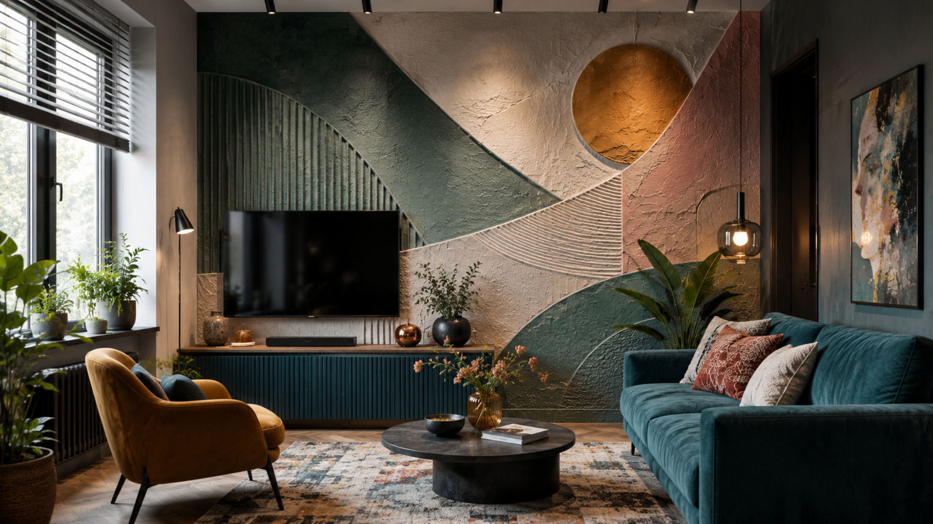 Salon z geometryczną ścianą dekoracyjną – projektowanie wnętrz Lublin