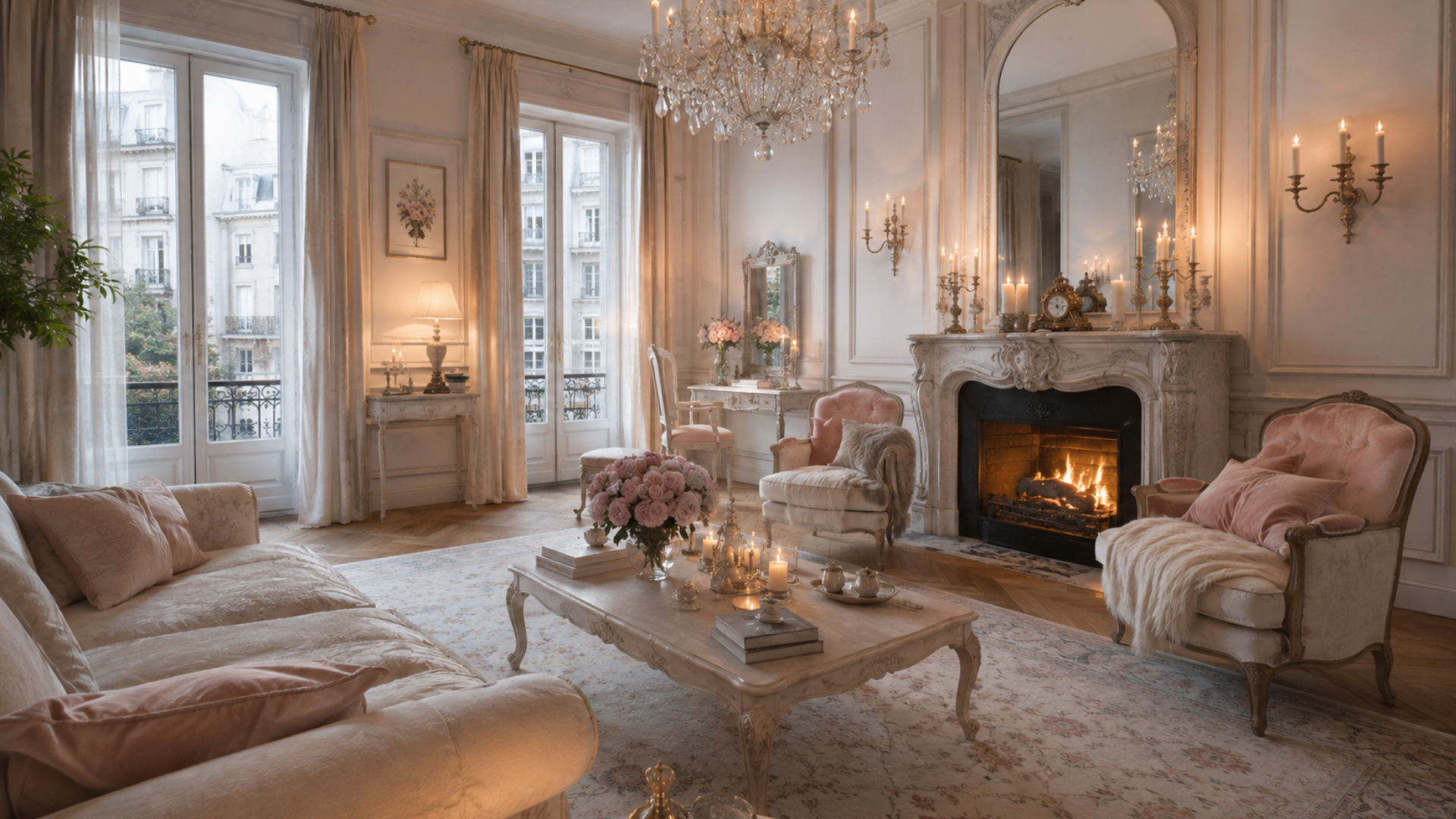 Salon w stylu romantycznym z kominkiem – aranżacja wnętrz Lublin