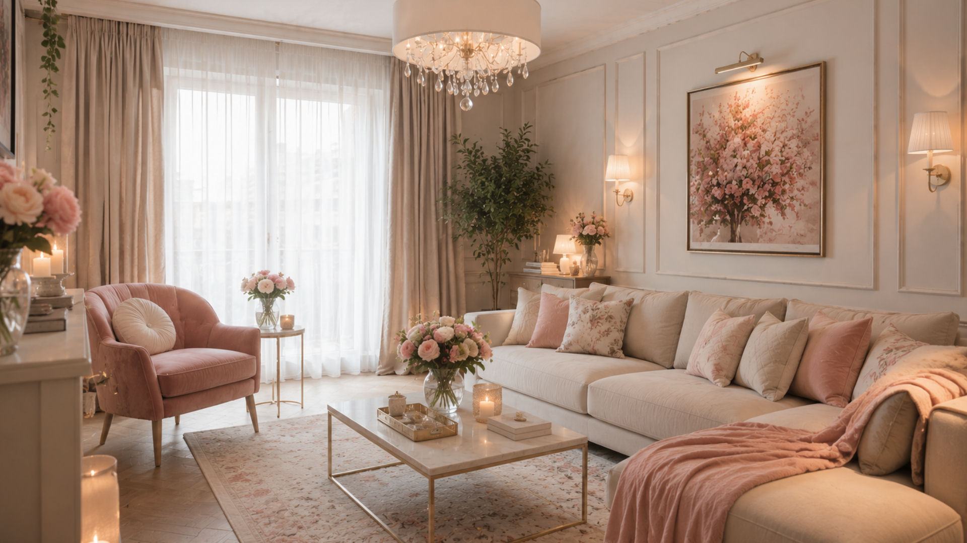 Romantyczny salon w jasnych kolorach – elegancka aranżacja wnętrza